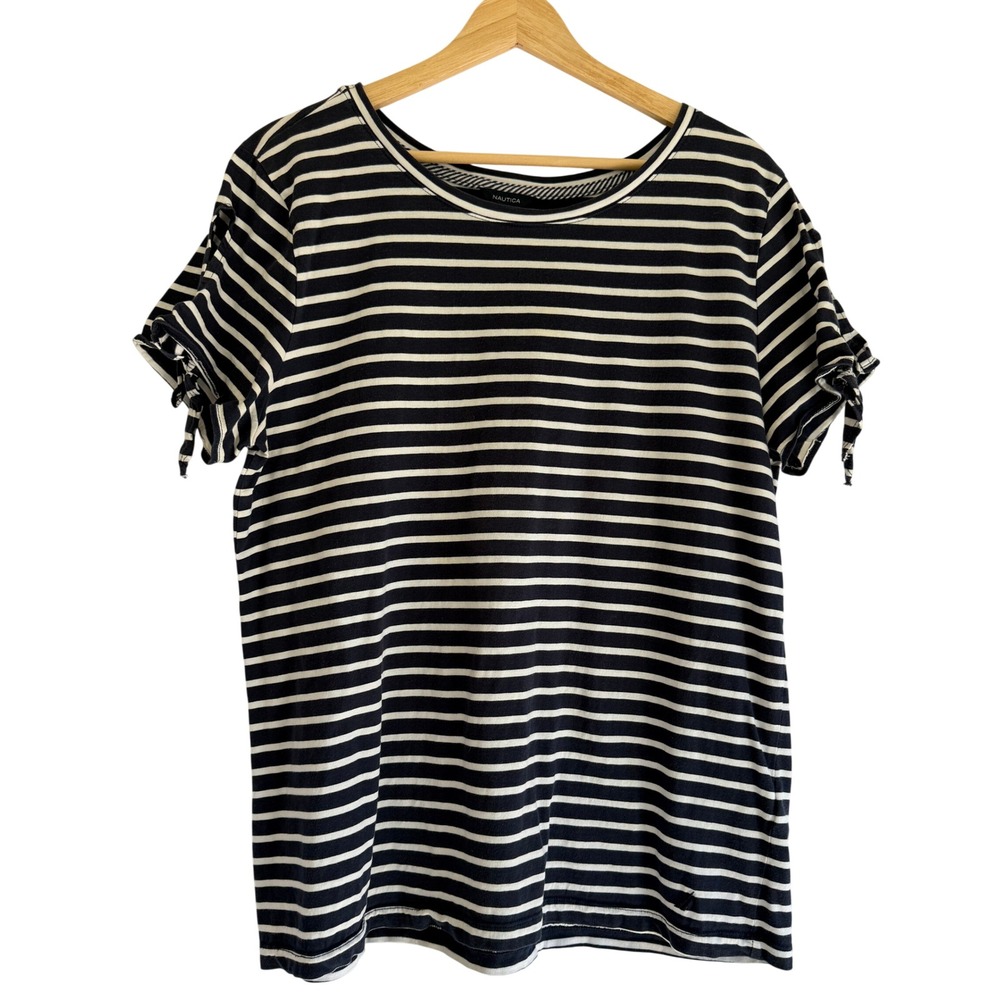 Nautica Womens XL Navy Blue White Striped Shoulder Tie Sleeve Cotton Top